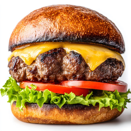 An irresistible handcrafted hamburger with juicy grilled beef, topped with golden melted cheese, fresh lettuce leaves, tomato slices, and a soft, lightly toasted bun. The image highlights the details and texture of the sandwich in high definition, ideal for use in food advertising, menus, or gastronomic campaigns.の素材
