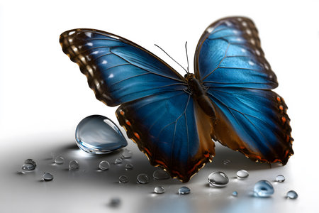 A photograph or digital rendering of a vibrant blue butterfly, possibly of the Morpho species. The butterfly is perched on a smooth, reflective surface, with crystal-clear water droplets and a large teardrop-shaped droplet visible around it. The background is white.の素材