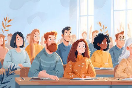 Artist's illustration of a classroom full of students in the morning, with sunlight streaming through the windows, creating a calm and inspiring atmosphere. The scene reflects the beginning of a new school day.の素材