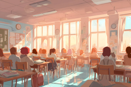 Artist's illustration of a classroom full of students in the morning, with sunlight streaming through the windows, creating a calm and inspiring atmosphere. The scene reflects the beginning of a new school day.の素材