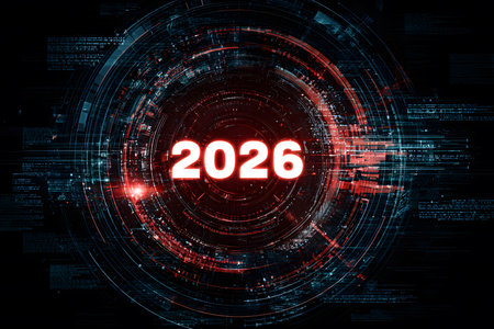 An artistic and vibrant image of the number "2026," where each digit is filled with an abstract representation of a nighttime urban landscape illuminated by neon lights.の素材