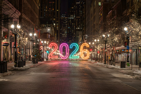 An atmospheric nighttime image of a city street decorated for winter and New Year's festivities, with trees draped in twinkling lights and bright streetlights.の素材
