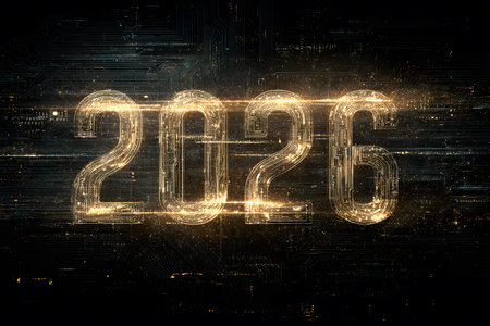 A high-tech conceptual image with the year "2026" displayed in large, luminous digits of a brilliant gold.の素材