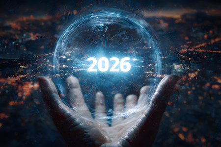 A powerful conceptual image with the number "2026" prominently displayed in a solid white font. A pair of outstretched, detailed human hands appear to hold or offer this globe and the vision of the new year.の素材