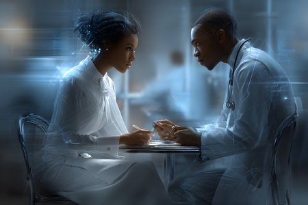 A conceptual and highly stylized image depicting a serious consultation or conversation between a doctor and a patient. The image evokes themes of health, medicine, technology, counseling, the future of healthcare, and trust.の素材