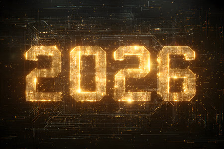 A high-tech conceptual image with the year "2026" displayed in large, luminous digits of a brilliant gold.の素材