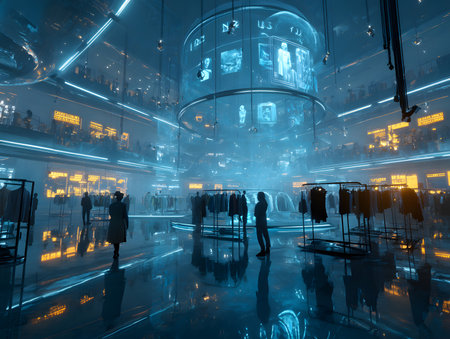 A futuristic and conceptual image representing an immersive virtual shopping or e-commerce experience. The image evokes the future of retail, virtual reality, Black Friday, and the shopping experience.の素材