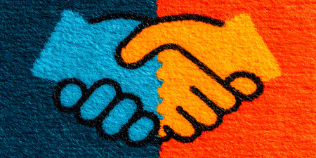 This is a powerful abstract painting in a grunge or vintage style depicting a handshake between two people. The design uses a high-contrast primary color palette.の素材