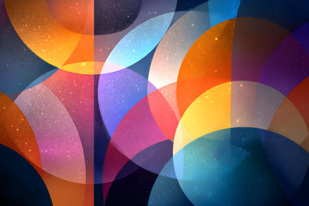 This is a vibrant and energetic abstract digital art piece, featuring a dynamic composition of overlapping circular and semicircular shapes. The shapes create a rich color palette, with shades of orange, blue, purple, pink, and yellow.の素材