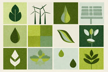 An abstract and modern background organized in a grid mosaic, with several illustrative panels exploring the theme of ecology and sustainability. It is a dynamic and organized visual resource, perfect for presentations, environmental reports, website design, and ESG materials.の素材