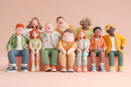 This is a charming 3D illustration in a cute style and soft rendering that depicts a diverse group of friendly people sitting side-by-side against a soft, light pink background.の素材