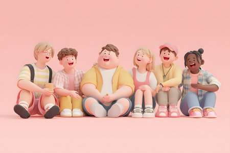 This is a charming 3D illustration in a cute style and soft rendering that depicts a diverse group of friendly people sitting side-by-side against a soft, light pink background.の素材