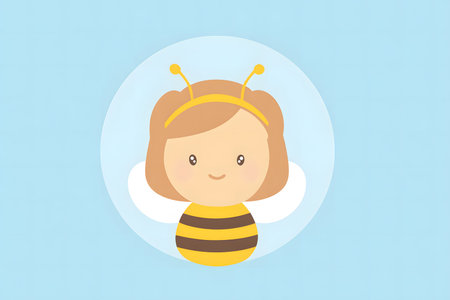 An adorable watercolor illustration of a cute bee flying. The character has rosy cheeks, a sweet smile, and black stripes, against a soft blue sky background with white clouds.の素材