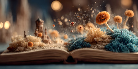An old, open book reveals a miniature fantasy world growing within its pages, symbolizing imagination and reading.の素材