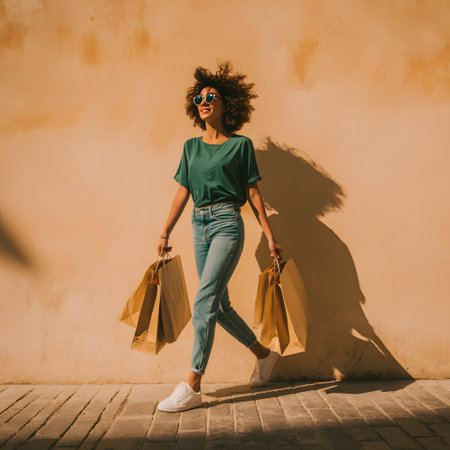 Full-body profile view of a happy and stylish young Black woman walking and carrying several paper shopping bags, radiating satisfaction after taking advantage of Black Friday deals.の素材