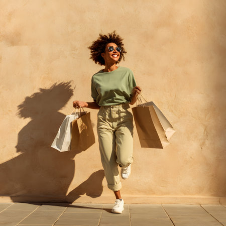 Full-body profile view of a happy and stylish young Black woman walking and carrying several paper shopping bags, radiating satisfaction after taking advantage of Black Friday deals.の素材