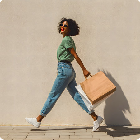Full-body profile view of a happy and stylish young Black woman walking and carrying several paper shopping bags, radiating satisfaction after taking advantage of Black Friday deals.の素材