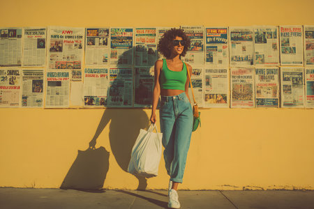 Full-body profile view of a happy and stylish young Black woman walking and carrying several paper shopping bags, radiating satisfaction after taking advantage of Black Friday deals.の素材