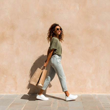 Full-body profile view of a happy and stylish young Black woman walking and carrying several paper shopping bags, radiating satisfaction after taking advantage of Black Friday deals.の素材