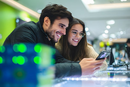 A smiling young couple, a man and a woman, are in a retail store intently looking at their smartphones, comparing prices and actively searching for the best deals and discounts during Black Friday.の素材