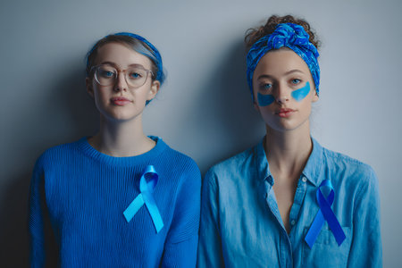 Portrait of two women wearing blue clothing and blue ribbons on their chests, demonstrating support for the Blue November campaign to raise awareness about men's health and prostate cancer prevention.の素材