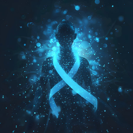 Abstract and futuristic image featuring the silhouette of a person made of shimmering blue light particles against a deep, dark background. A large luminous blue ribbon, symbol of Prostate Cancer awareness, Movember, wraps around the chest area.の素材