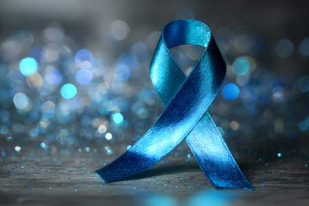 Close-up of a blue ribbon placed on a gray stone surface, representing the Blue November campaign for prostate cancer awareness and prevention.の素材