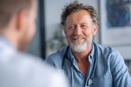A middle-aged doctor, wearing a lab coat and stethoscope, smiles warmly and confidently as he talks to a patient whose back is to him in his office.の素材