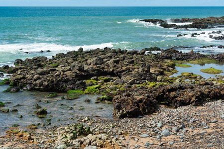 Panoramic view of a beach with rock formations and natural pools by the sea. The blue ocean...