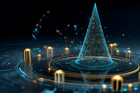 A digital and abstract representation of a Christmas tree, formed by countless lines and luminous points in shades of orange and blue.の素材