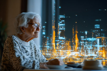 An elderly lady, wearing glasses and a sweater, sits by a window, observing the horizon of a futuristic city that shines in shades of neon blue and gold.の素材