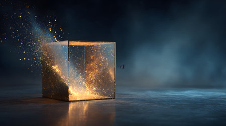 A cubic gift box, finished in gold and with a large bow on top, radiates intense rays of golden light in a dark and reflective environment.の素材