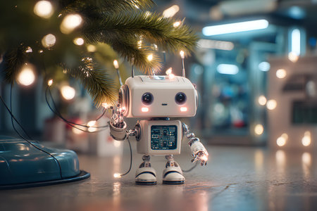 Close-up of a small, white robot with large eyes, carefully holding and installing a series of lights on an artificial pine branch.の素材