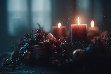 A dark and festive Advent wreath, decorated with pine cones, berries, and Christmas balls, where three red candles are lit. The scene is somber and atmospheric, with the warm candlelight contrasting with the cold, hazy background, possibly with snow.の素材