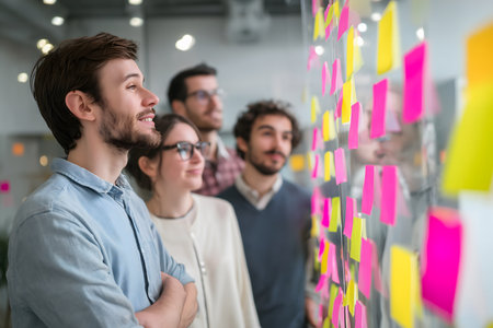 A group of people in a meeting, with the focus on the backs of some, attentively observing a large white board covered with numerous colorful sticky notes - pink, yellow, blue, green.の素材