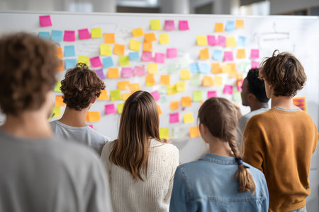 A group of people in a meeting, with the focus on the backs of some, attentively observing a large white board covered with numerous colorful sticky notes - pink, yellow, blue, green.の素材