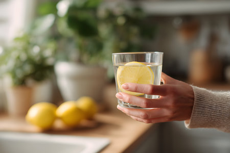 Close-up focus on a woman's hands holding a glass of water with a slice of lemon.の素材