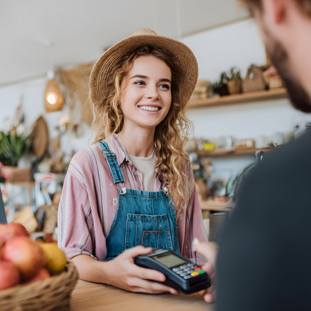 A close-up portrait of a young clerk smiling warmly while interacting with a customer during a transaction at a retail counter.の素材