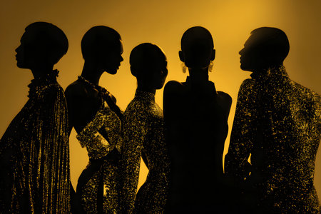 A high-contrast studio photograph. Elegant female silhouettes, with short hairstyles and prominent gold jewelry, stand out against a bright and vivid yellow or orange background. Black Friday focus.の素材