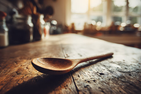 A close-up of a single carved wooden spoon resting on a textured wooden table. The background is blurred (bokeh), revealing a window and the kitchen counter with soft lighting.の素材