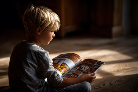 A side portrait of a blond boy sitting on a wooden floor, absorbed in reading a magazine or book. The focus is on concentration and learning.の素材