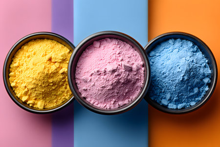 A close-up photo, viewed from above, showing three clay or wooden bowls filled with colored powder, gulal, in vibrant shades of yellow, pink, and grayish-blue. Holi Festivalの素材