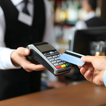 A view of a purchase transaction, where a customer is about to swipe or tap a credit card on a payment terminal operated by an employee.の素材