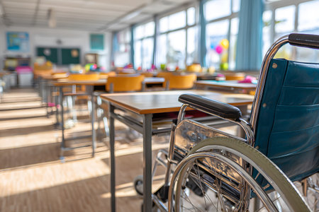 A close-up view of a wheelchair parked in front of the desks and chairs in a primary school classroom. The image symbolizes education, inclusion, accessibility, and the return to school.の素材