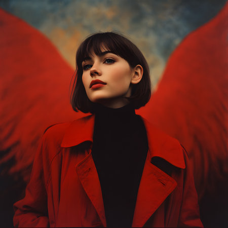 An artistic portrait of a woman wearing a red overcoat and a black turtleneck, with large red wings that stand out against a background of intense red sky.の素材