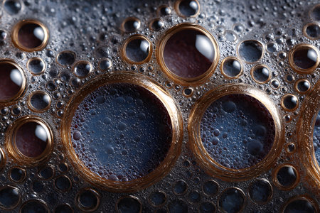 Detailed macro image of condensed water droplets or dew on a dark, textured surface. The texture of the dark surface suggests a solar panel or technological material.の素材
