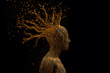 Abstract and futuristic image representing a human face profile, where the skin is replaced by a complex pattern of fine lines resembling an electronic circuit or traces of light. The contrast is high, with golden highlights and dark tones, suggesting themes of technology and humanity.の素材