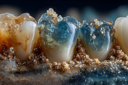Conceptual and artistic macro image of teeth, where the crowns of the molars are represented by structures that resemble glass or blue and yellow resin.の素材