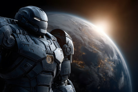 Close-up of a giant, futuristic-looking, armored robot in an imposing pose. Planet Earth can be seen in the background, in orbit, partially illuminated by a rising or setting sun, in a space setting.の素材
