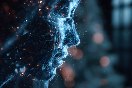 Abstract and futuristic image representing a human face profile, where the skin is replaced by a complex pattern of fine lines resembling an electronic circuit or traces of light. The contrast is high, with golden highlights and dark tones, suggesting themes of technology and humanity.の素材